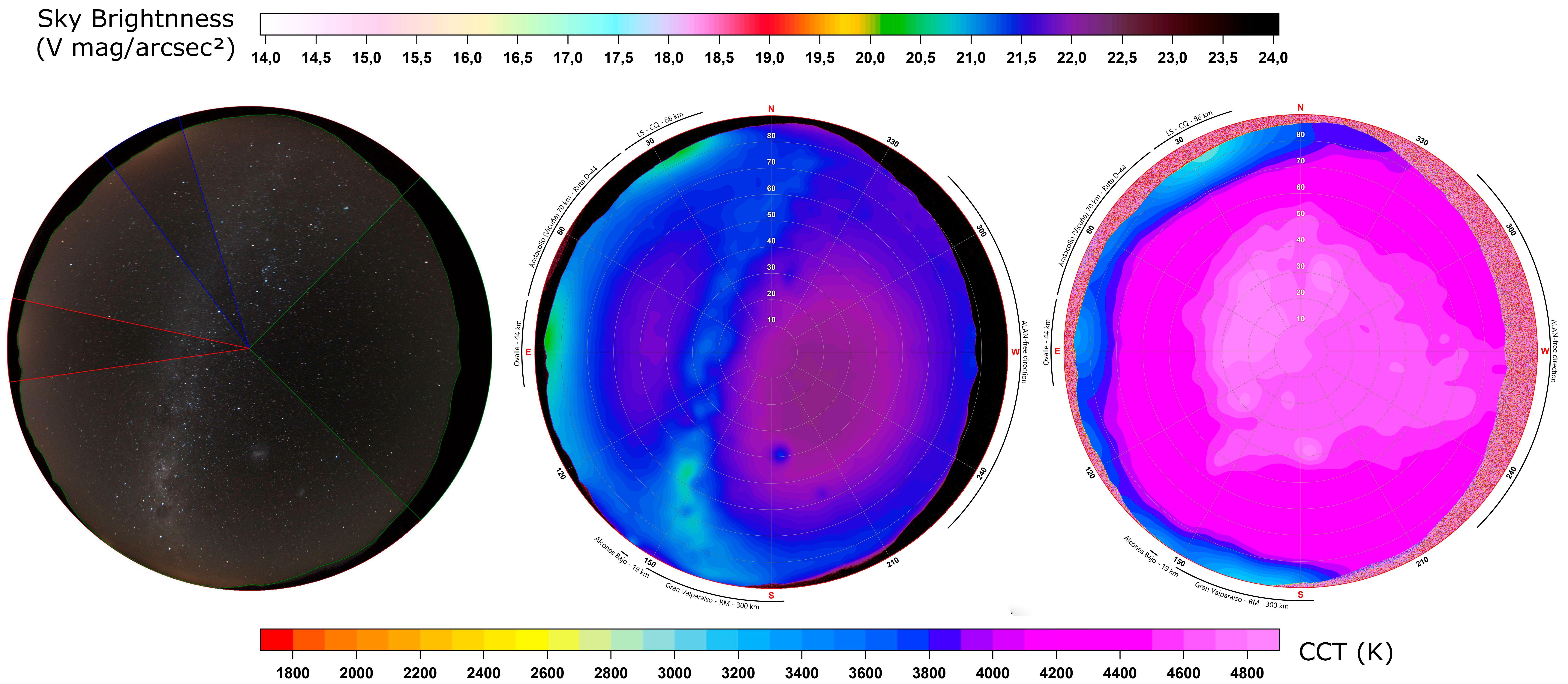 Three circular all-sky views of Fray Jorge: a photograph and maps of brightness and colour temperature