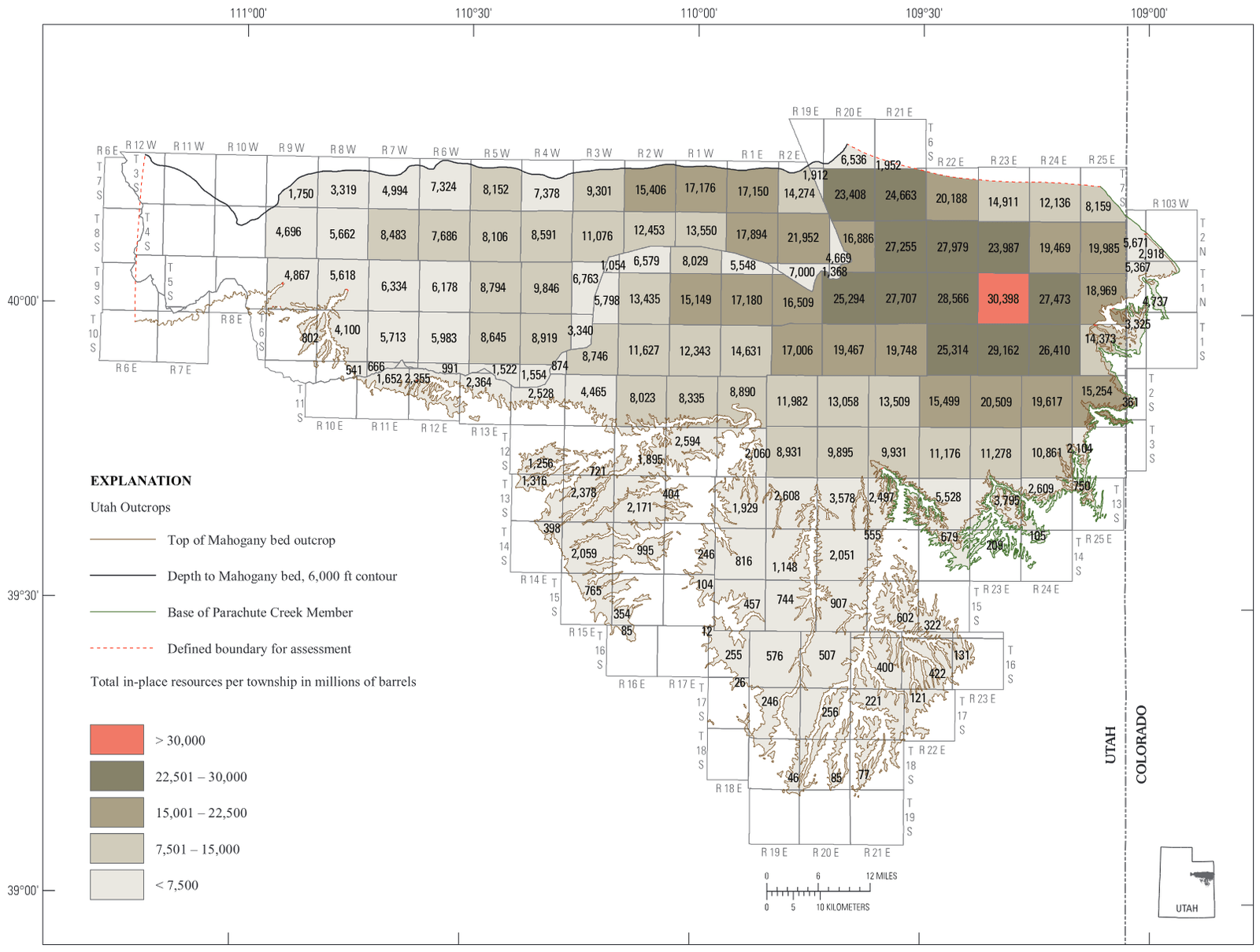 Total in-place oil in millions of barrels as assessed for each township in the Uinta Basin, Utah and Colorado.