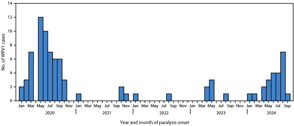 Bar chart of wild poliovirus type 1 cases in Afghanistan by month of paralysis onset, January 2020 to September 2024