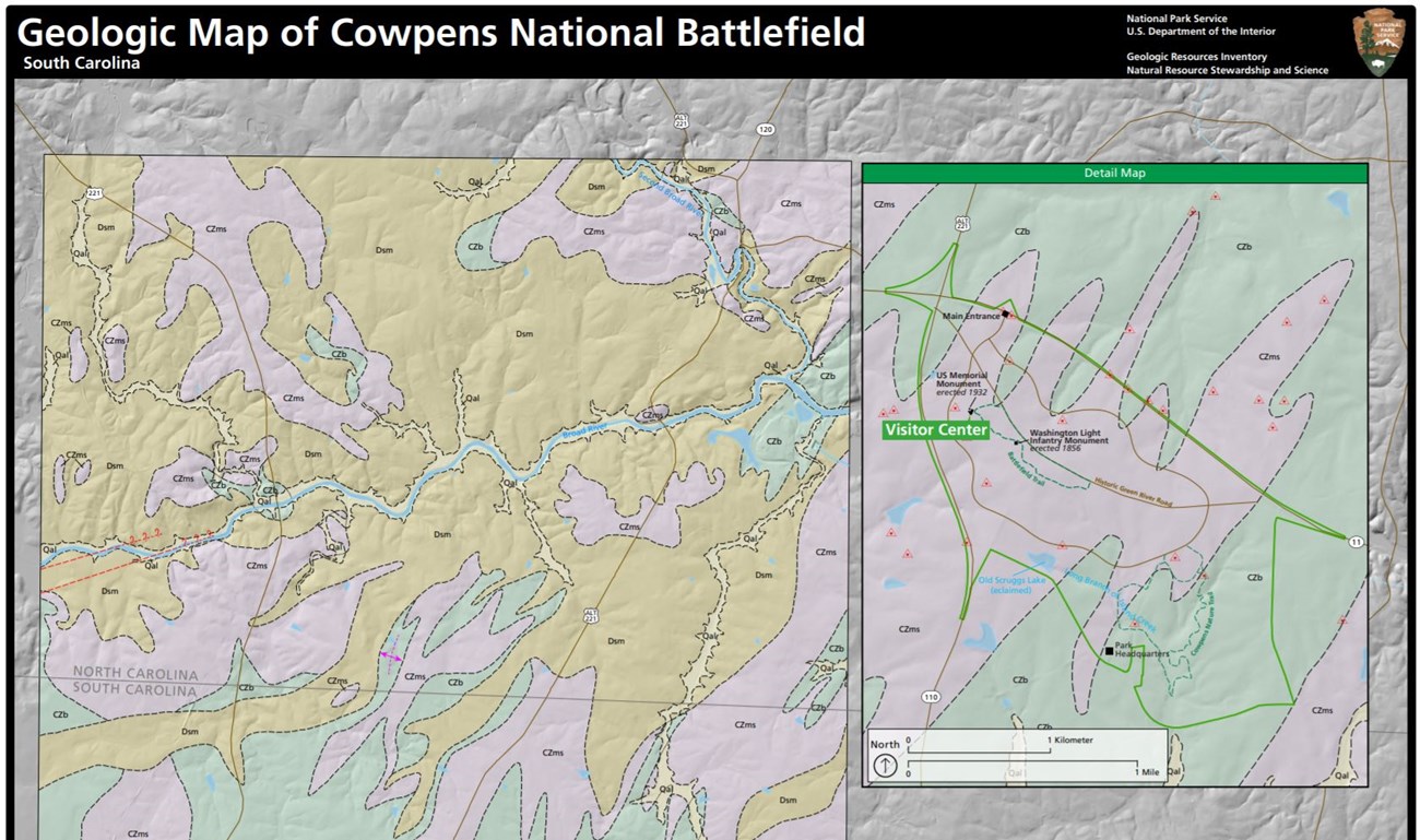 Geologic map of Cowpens National Battlefield from the Geologic Resources Inventory, showing mapped rock units in colored bands.