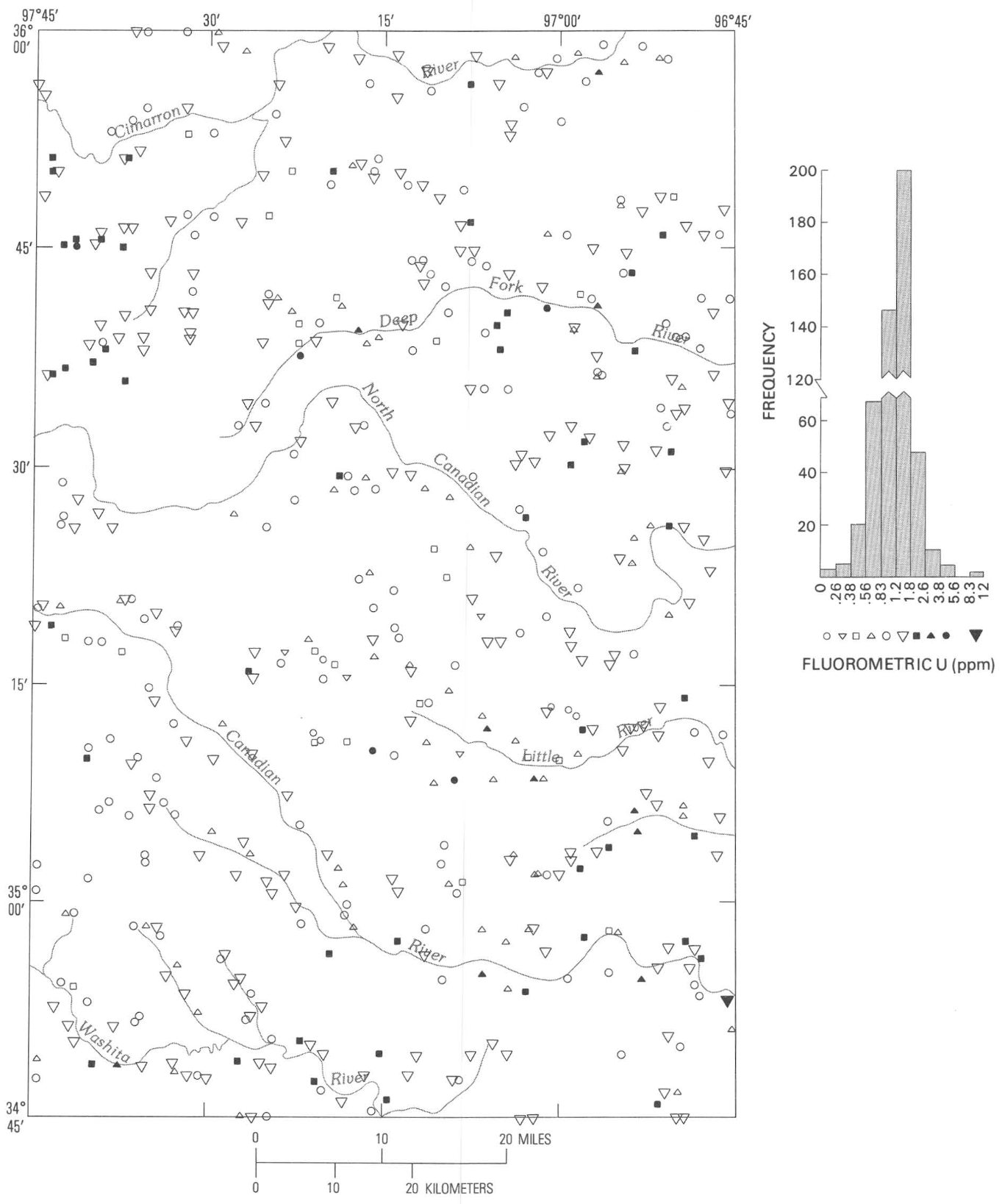 Geochemical distribution of fluorometric uranium (ppm) in stream sediments of the Central Oklahoma aquifer; 516 samples plotted.
