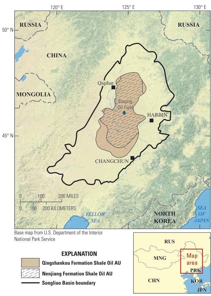 Map of northeastern China showing the Songliao Basin boundary, the Qingshankou and Nenjiang shale oil assessment units near its centre, the Daqing Oil Field, and the cities of Qiqihar, Harbin and Changchun