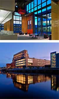 Two photographs: above, the vast former turbine hall looking out towards a glass addition; below, the historic building lit from within at dusk, behind the new addition.