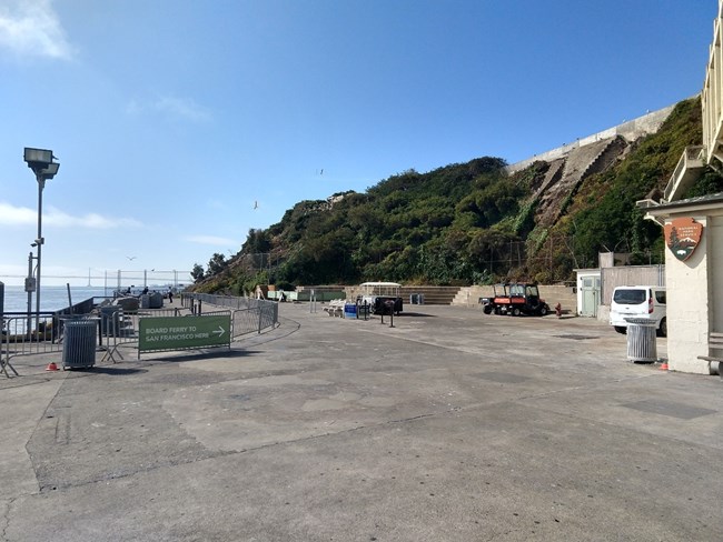 The concrete wharf, looking toward the ferry queue