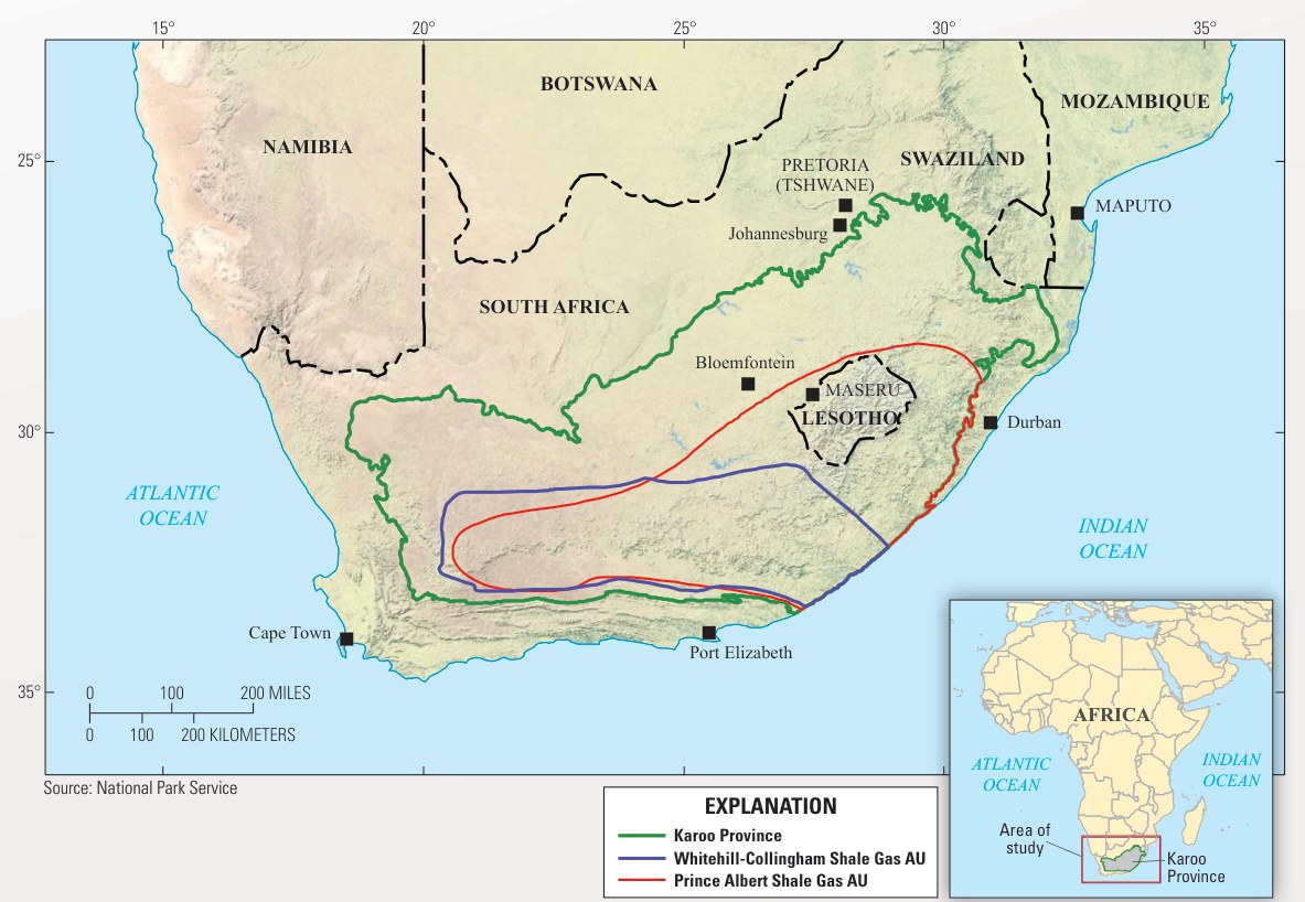 Map of southern Africa: the Karoo Province outlined in green across much of South Africa and around Lesotho, with the Whitehill-Collingham assessment unit in blue and the Prince Albert assessment unit in red in its southern part