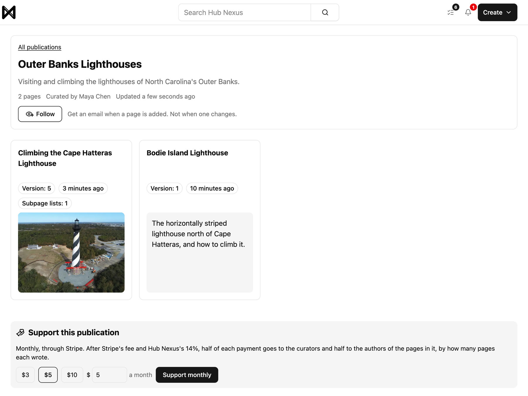 What a reader sees: the pages, Follow, and monthly support