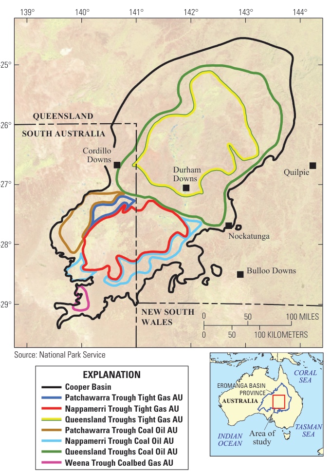 Map of the Cooper Basin where Queensland, South Australia and New South Wales meet, with seven assessment units outlined
