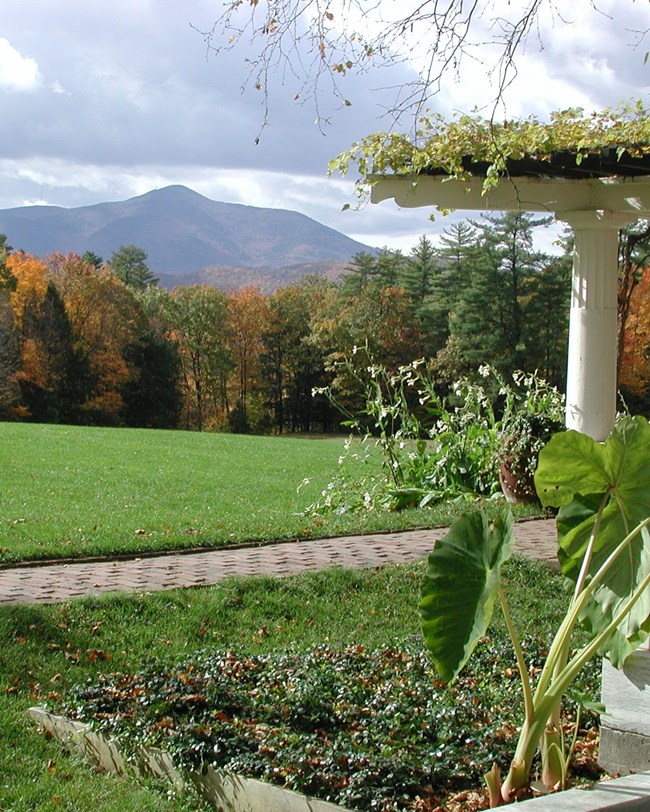Gardens with Mount Ascutney in the distance.
