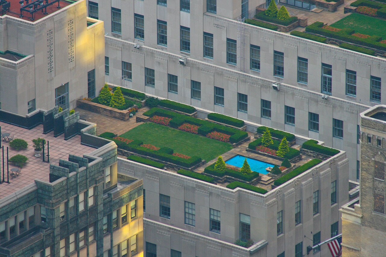 Some building owners might employ rooftop gardens for their temperature-regulating ability. Shown here is one such garden on top of Rockefeller Center in New York City