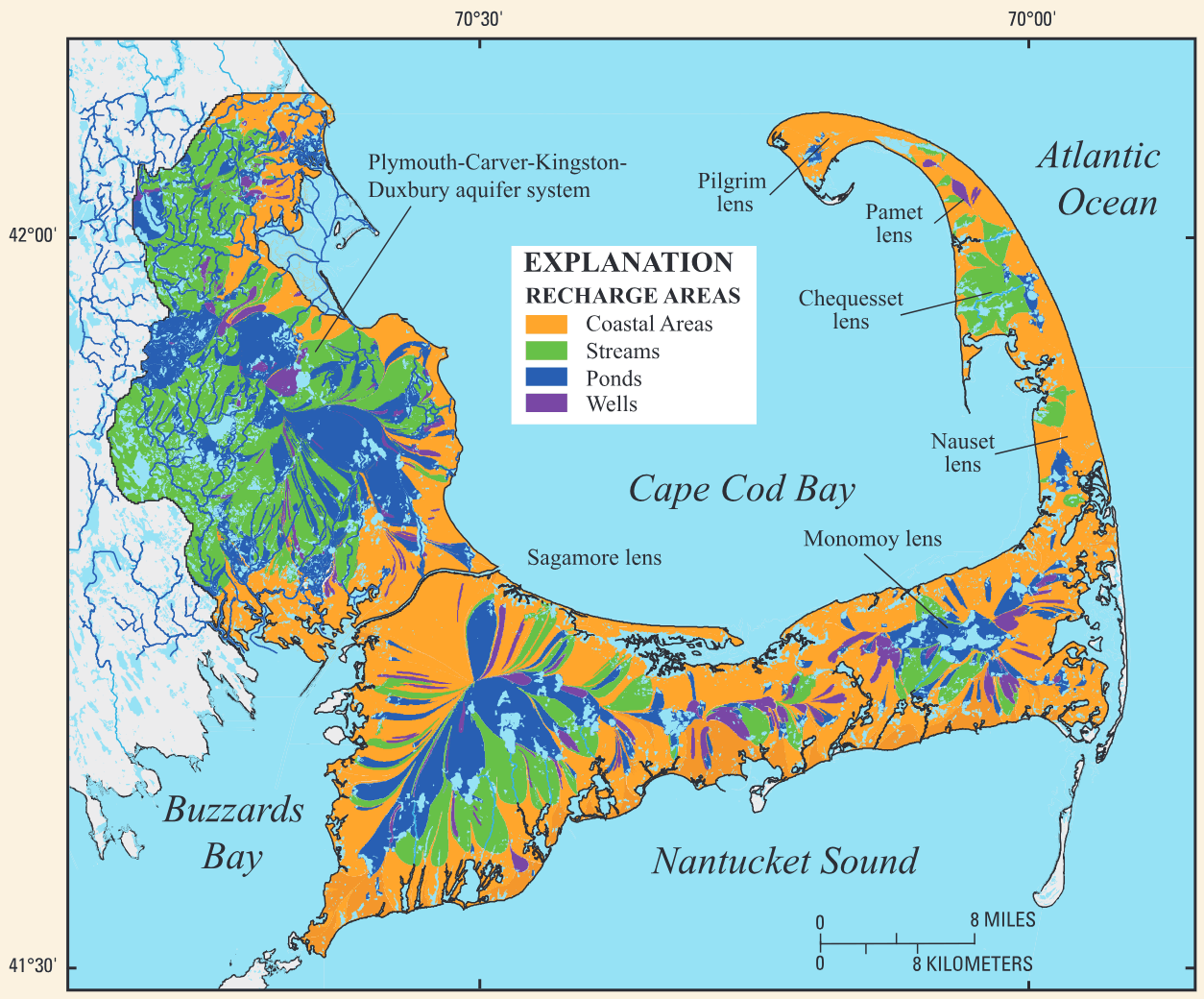 Simulated recharge areas in southeastern Massachusetts.