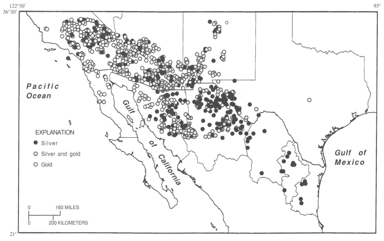 Distribution of major gold and silver mines, prospects, and occurrences in and adjacent to the U.S.-Mexico border region.