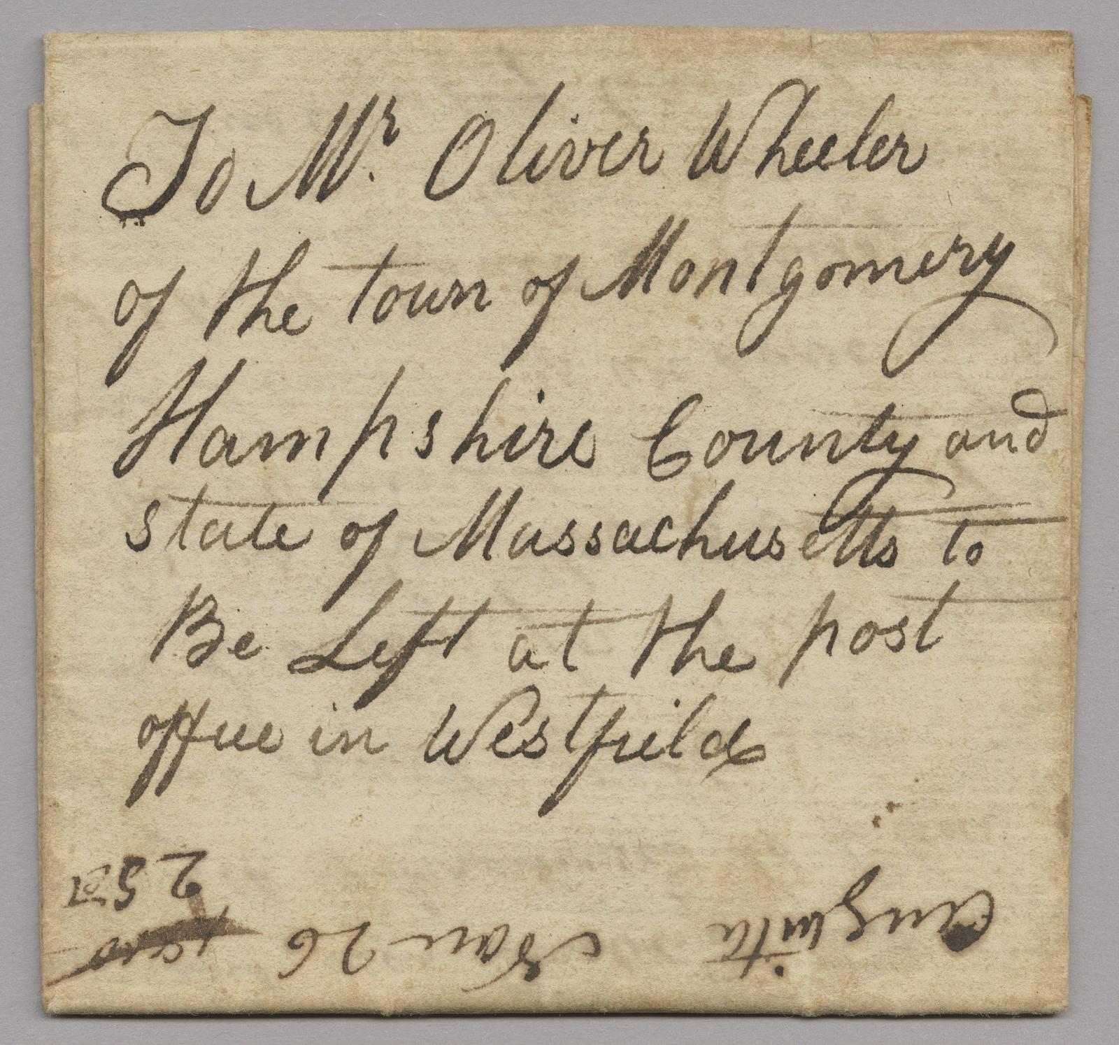 To Mr. Oliver Wheeler of the town of Montgomery Hampshire County folded letter