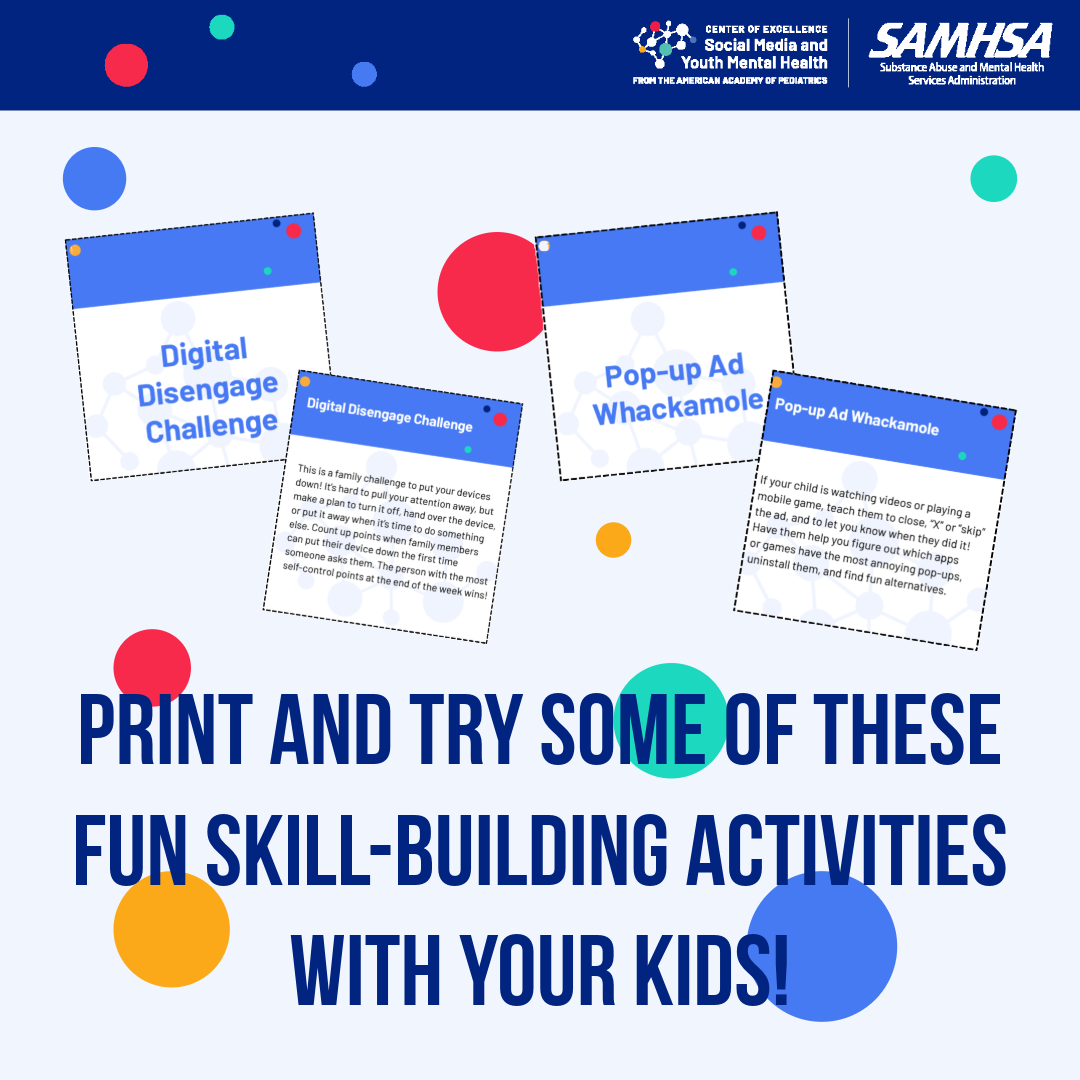 A graphic with pictures of example activity cards and text that reads 'Print and try some of these fun skill-building activities with your kids.'