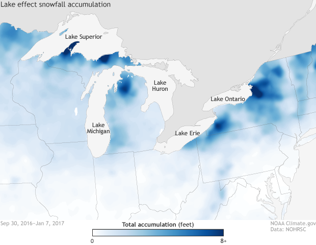 A map of snowfall totals around the Great Lakes