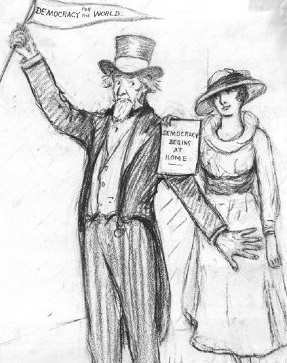 Political cartoon of Uncle Sam holding a pendant reading "Democracy for the World" while his left arm blocks a woman holding a paper reading "Democracy Begins at Home."