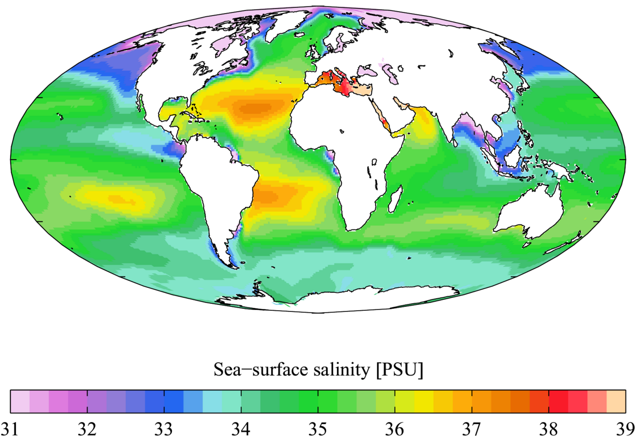 Annual mean sea surface salinity for the World Ocean. Data from the World Ocean Atlas 2005.