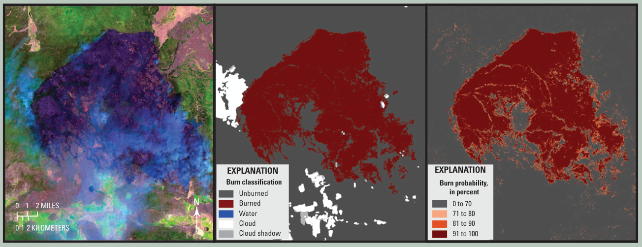 Three views of a burned area: a satellite image, a burn classification map and a burn probability map
