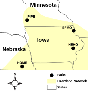 A map of the Midwest showing Homestead in southeast Nebraska, Pipestone in southwest Minnesota and Herbert Hoover in east-central Iowa, with Effigy Mounds in northeast Iowa