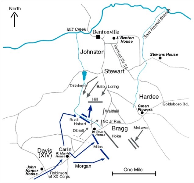 Map of the Bentonville battlefield on March 19, 1865, with troop movements and positions.