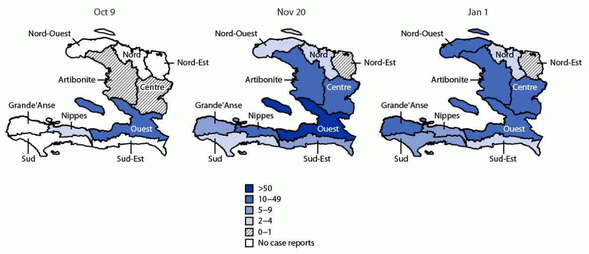 Three maps of Haiti's ten departments shaded by 14-day cholera incidence on October 9, November 20 and January 1: Ouest is darkest throughout, and incidence spreads to Artibonite, Centre and the southwest