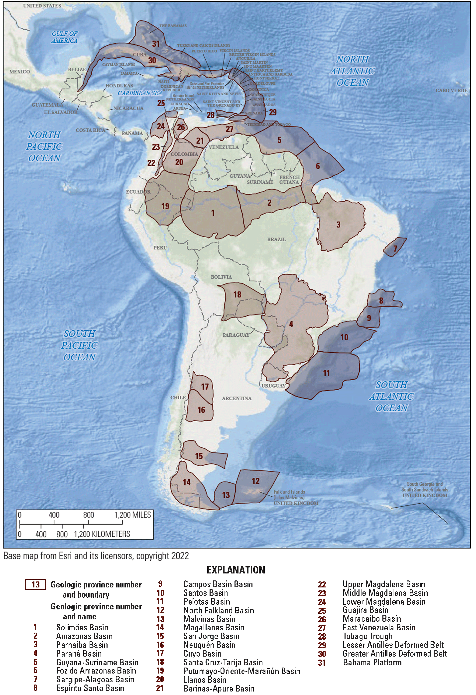 Thirty-one geologic provinces span the continent of South America and islands of the Caribbean.