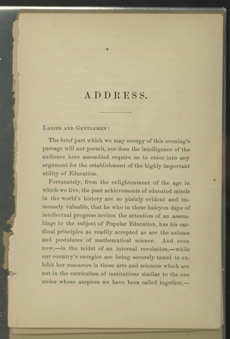 A yellowed printed page headed "Address"