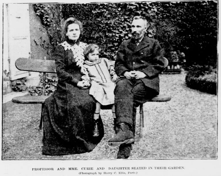 A historical black-and-white newspaper photo shows a man and woman posing on a garden bench with a young girl between them.