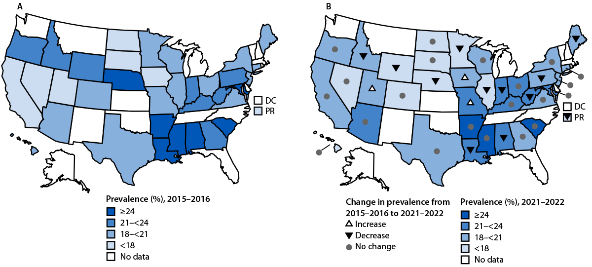Two U.S. maps showing the percentage of adults who were caregivers by state in 2015–2016 and 2021–2022, with the direction of change.