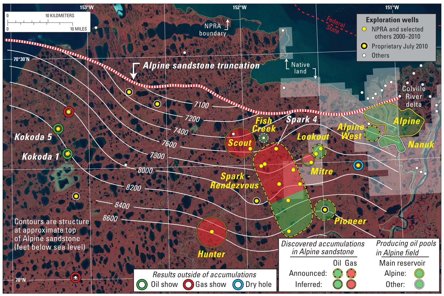 Northeastern NPRA and adjacent Colville River delta with locations of exploration wells within NPRA, selected wells outside NPRA, inferred oil and gas accumulations discovered in N