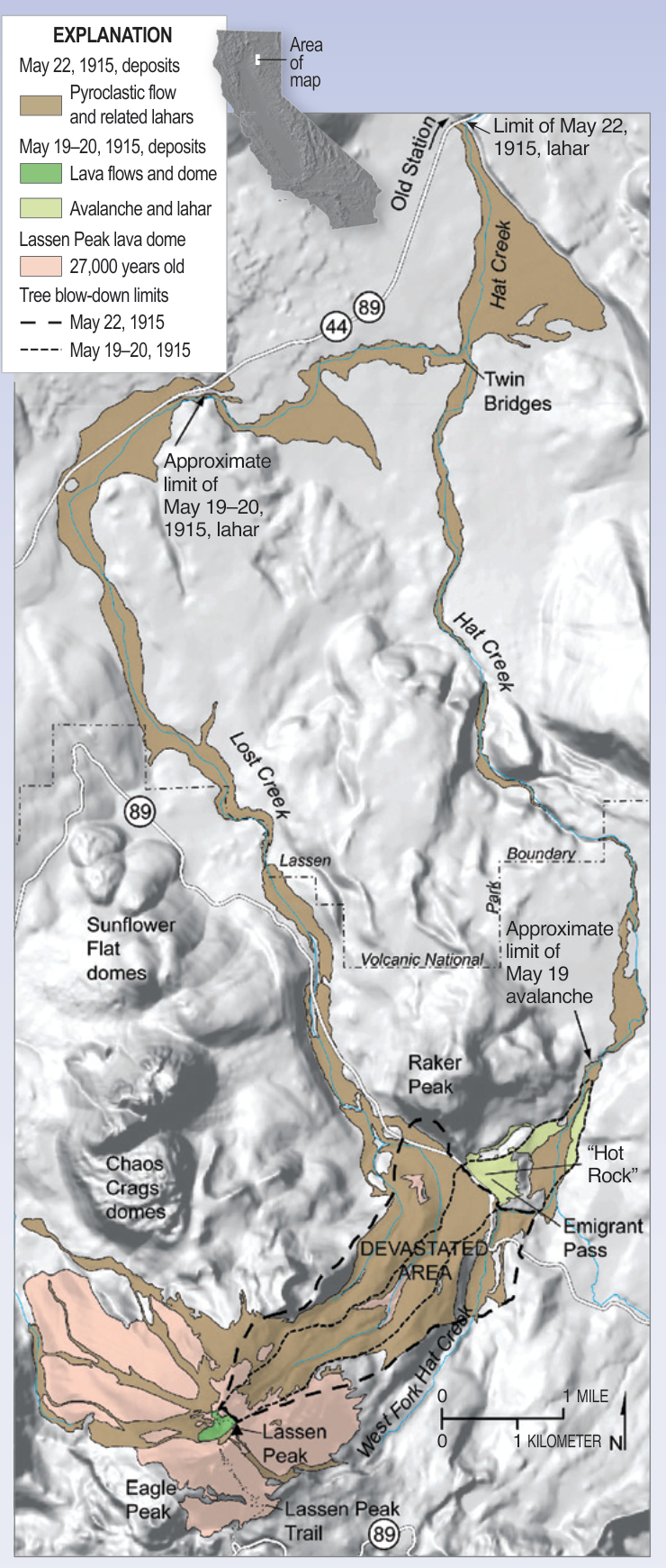 Map of the Lassen Peak area showing the deposits of May 1915: the May 19–20 avalanche and lahar and the May 22 pyroclastic flow and lahars running northeast from the peak down Lost Creek and Hat Creek toward Old Station, with the Devastated Area, Emigrant Pass, the Hot Rock and tree blow-down limits
