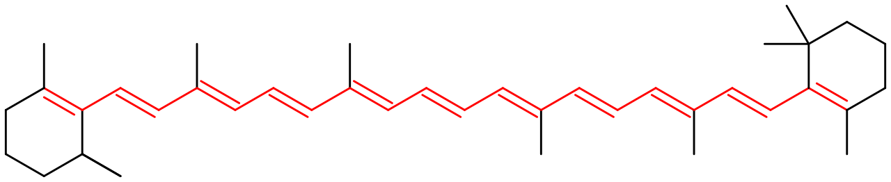 Chemical structure of beta-carotene. The eleven conjugated double bonds that form the chromophore of the molecule are highlighted in red.