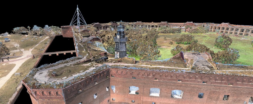 Colorized point cloud showing of a portion of Fort Jefferson as seen from above. The image shows the parade grounds, moat that surrounds the fortress, and locat