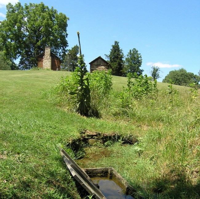 A field with park cabins and a spring box.
