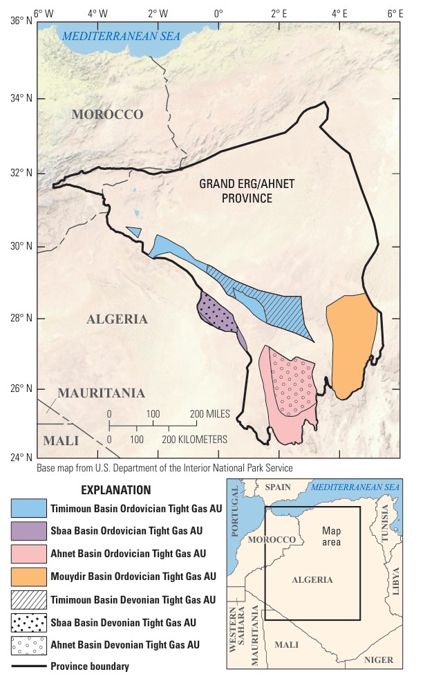 A map of Algeria and its neighbors showing the Grand Erg/Ahnet Province outlined in black and six colored or patterned tight-gas assessment units in its southwest