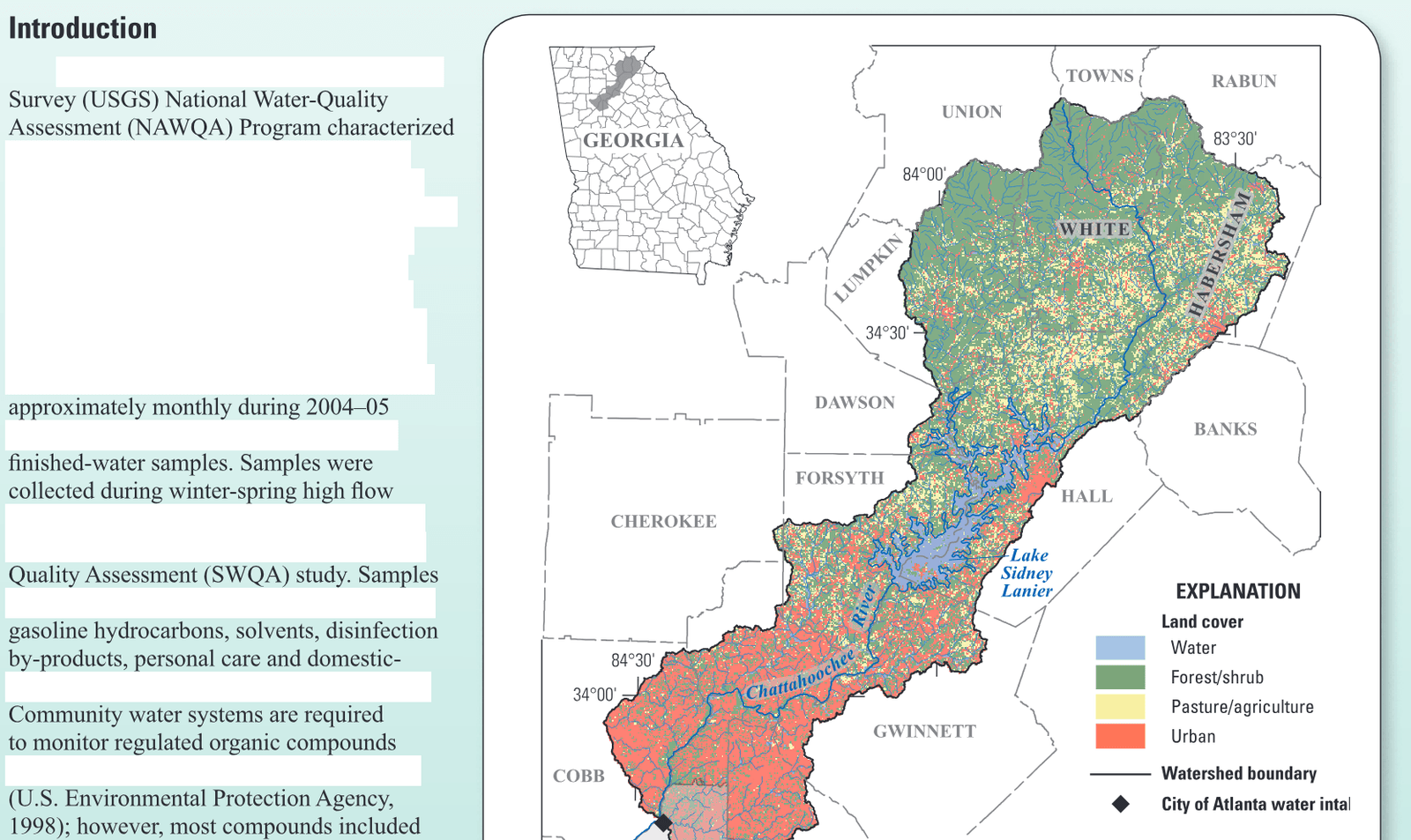 The upper Chattahoochee River provides drinking-water supply and wastewater dilution and removal for approximately 3 million people in the Atlanta metropolitan area.