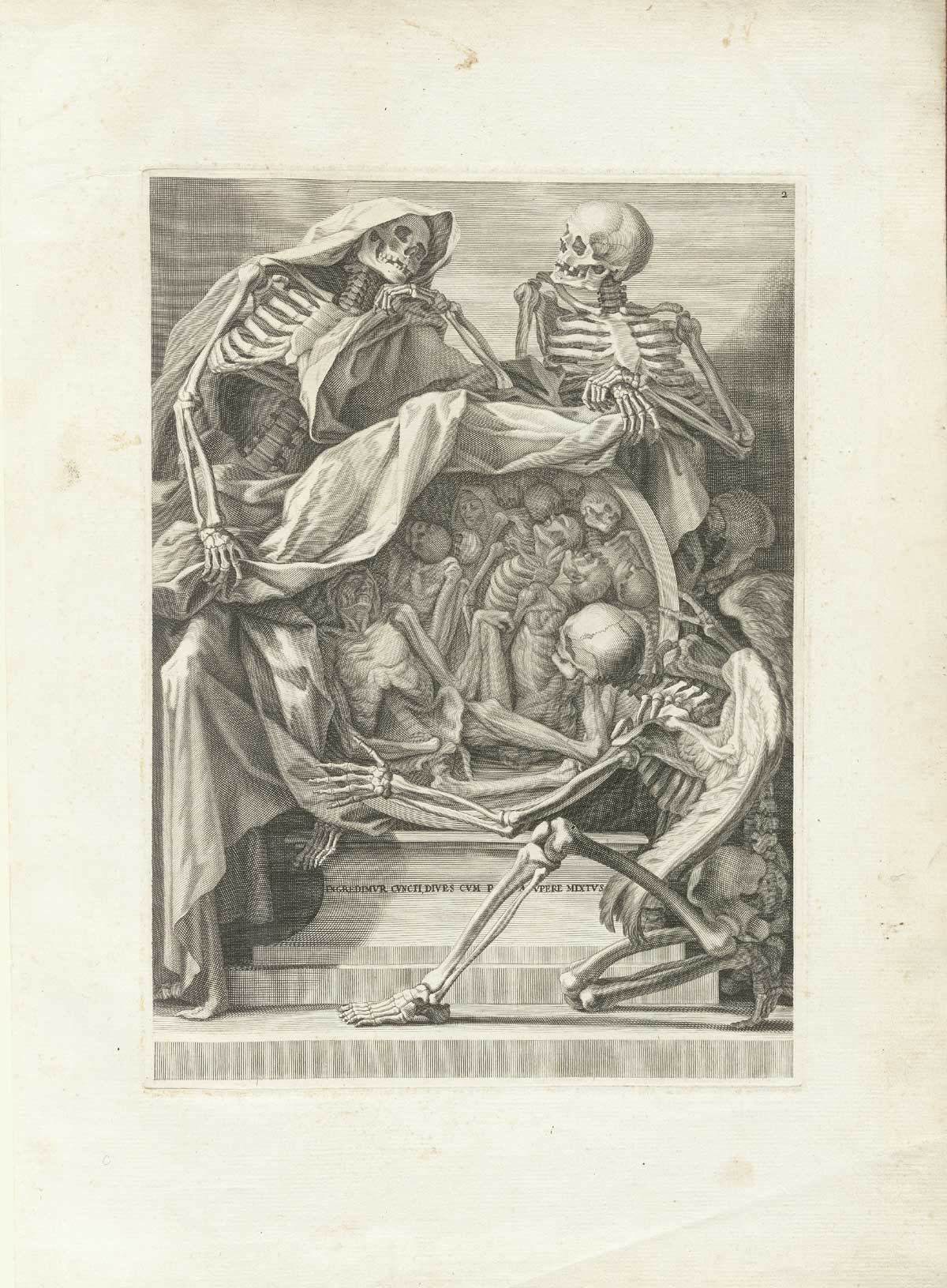 Two skeletons gazing at each other over a cauldron full of bones and bodies, with a winged skeleton watching