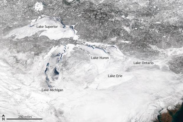 A satellite view of the Great Lakes almost entirely frozen