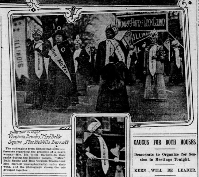 A newspaper clipping showing Ida B. Wells marching with the Illinois delegation in the 1913 Woman Suffrage Procession.