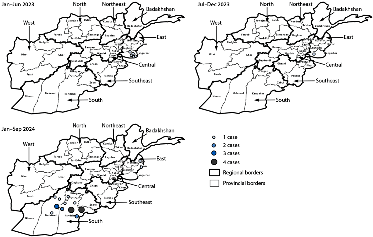 Map of Afghanistan's regions and provinces showing wild poliovirus type 1 cases, January 2023 to September 2024