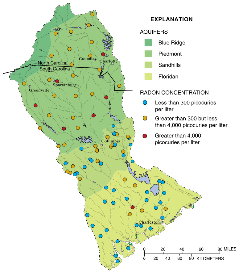 Radon concentrations were highest in the Piedmont and Sandhills aquifers, resulting from naturally high levels of uranium in near-surface rocks and sediment.