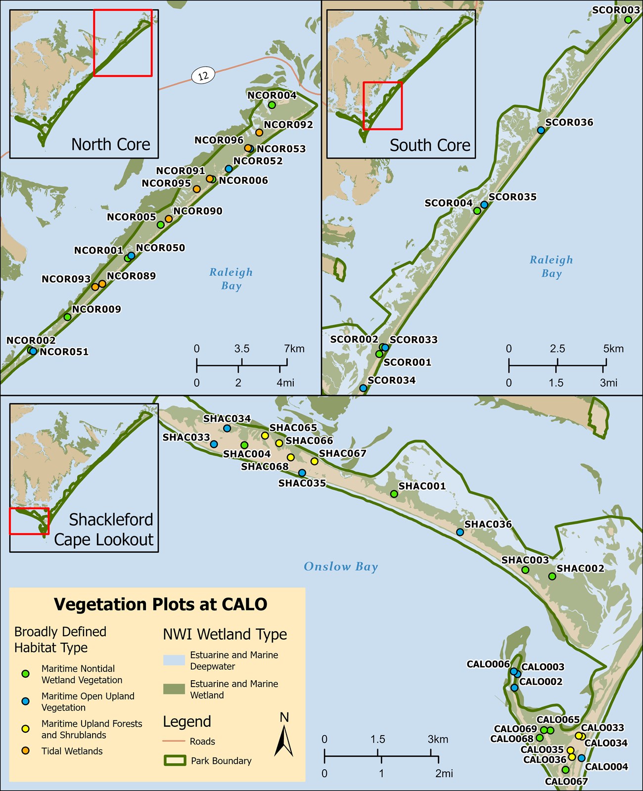 Map of vegetation plots at Cape Lookout National Seashore.