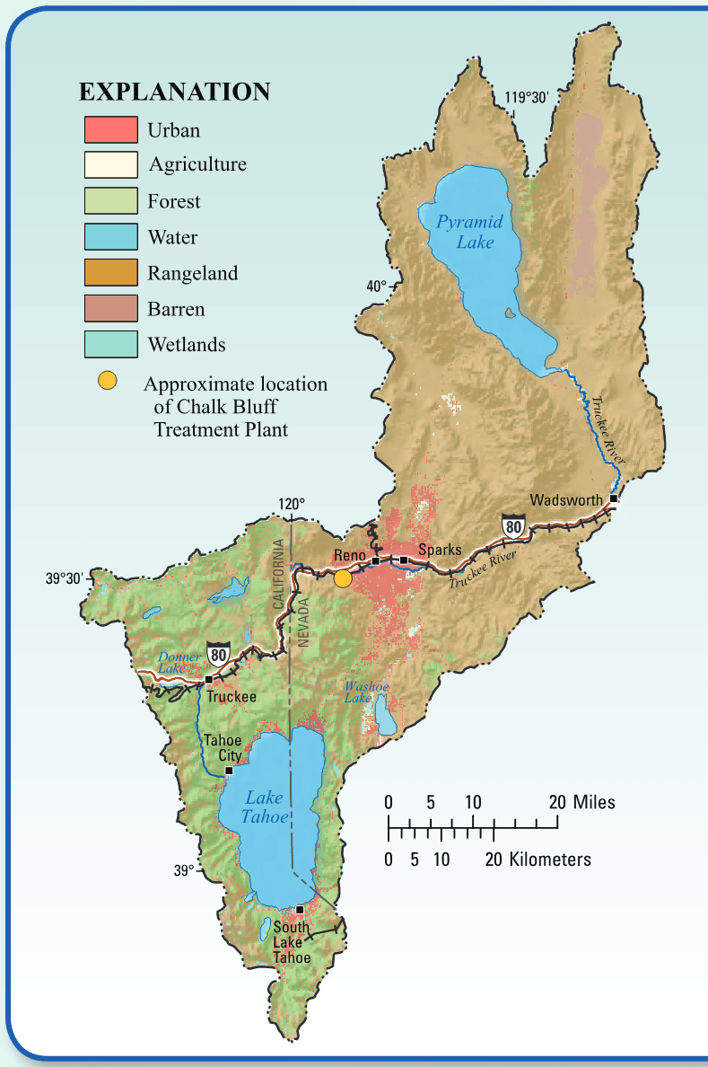 About 1,047 square miles of the Truckee River basin are upstream of the intake of the community water system that serves the Reno/Sparks metropolitan area.