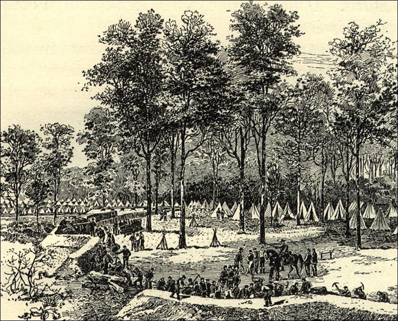 Union soldiers in a camp digging entrenchments.