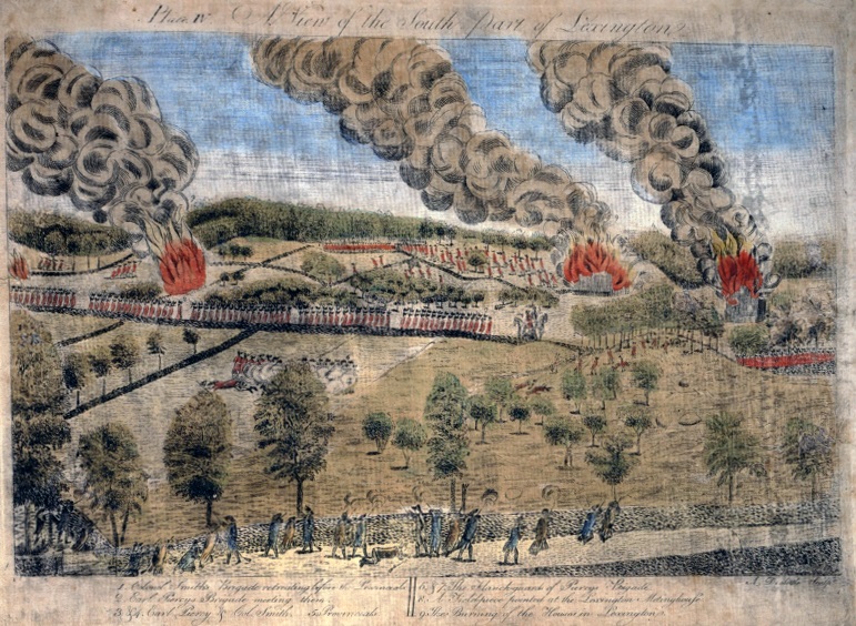 Hand-colored engraving of the road through Lexington: red-coated columns and flank guards on the road and hillsides, smoke rising from burning houses, provincials firing from behind walls