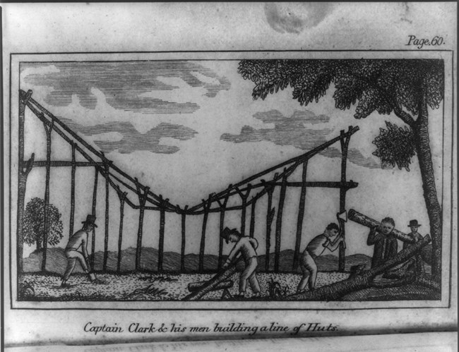 Engraving of Captain Clark and his men sawing logs and raising the frame of a line of huts