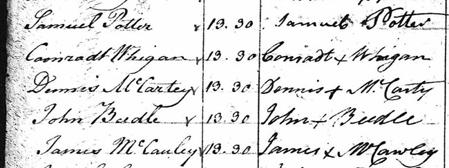 A handwritten list of five names in two columns; the third is Dennis McCarty.