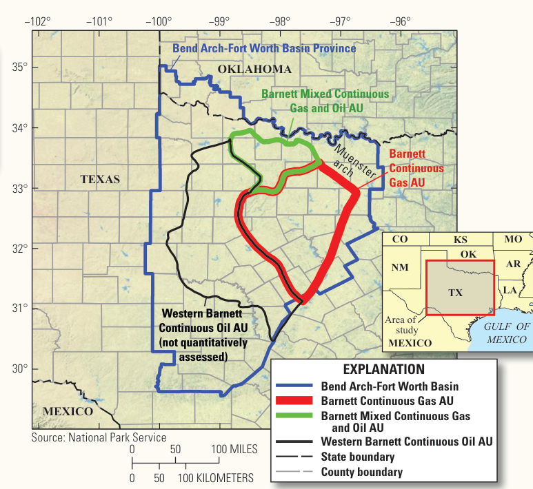 A map of north-central Texas and southern Oklahoma showing the Bend Arch–Fort Worth Basin Province outlined in blue and three assessment units: the Barnett Continuous Gas unit in red along the east, the Mixed Continuous Gas and Oil unit in green to the north, and the Western Barnett Continuous Oil unit in black, with an inset locating the study area in Texas