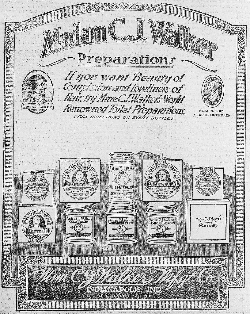 Newspaper advertisement headed "Madam C. J. Walker Preparations": rows of jars and tins of cream, hair grower and face powder, with her portrait in an oval and the Mme. C. J. Walker Mfg. Co., Indianapolis, at the foot