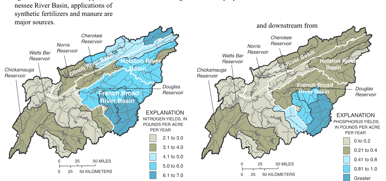 Mean annual total phosphorus yields between 1973 and 1993 were highest in the upper French Broad River Basin.