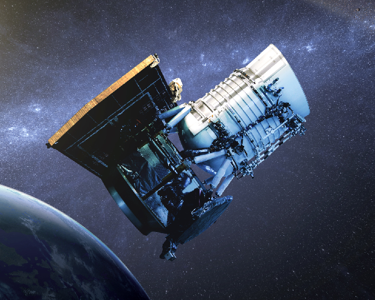 Artist’s illustration of WISE. Earth is at lower left with the stars of the Milky Way in the background.
